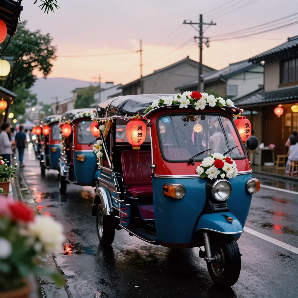 Decorated Auto Rickshaw in Fukuoka Wedding Festival in at a festival street procession in Fukuoka