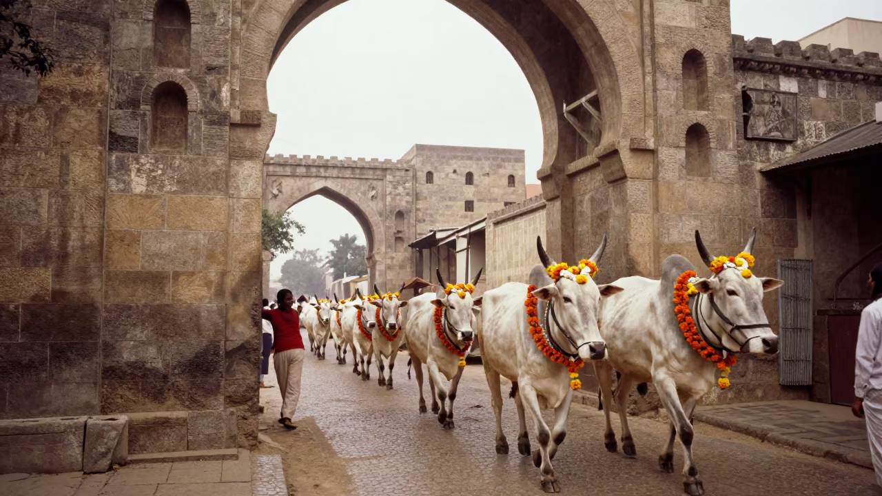 Decorated Cattle at Sana'a Pongal Festival in at a festival street procession in Sana'a