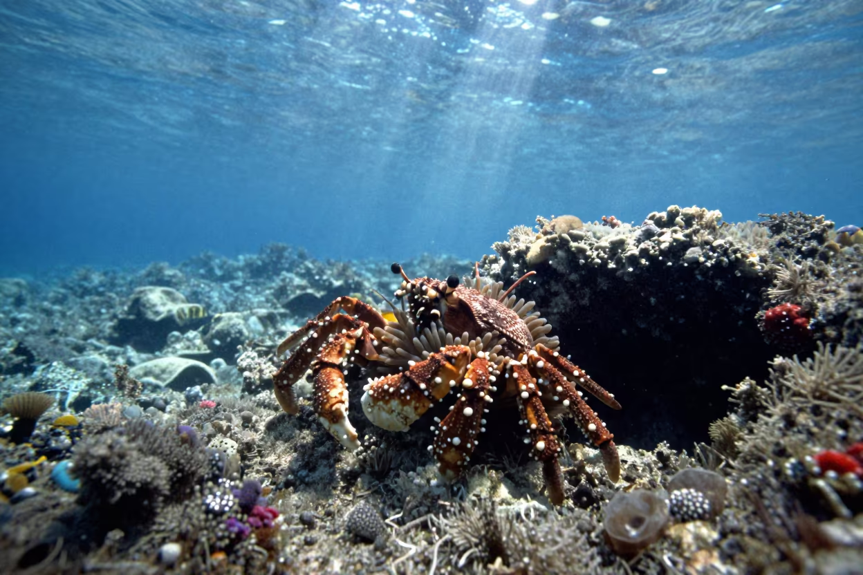 Decorator Crab Camouflaged Among Anemones on Reef in beside a reef crevice under clear water near Cairns