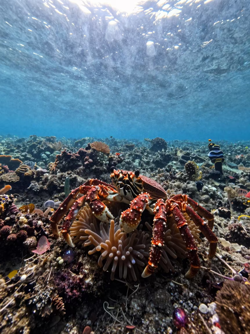 Decorator Crab on Bali Reef with Anemone Fragments in beside a volcanic reef overhang near Denpasar