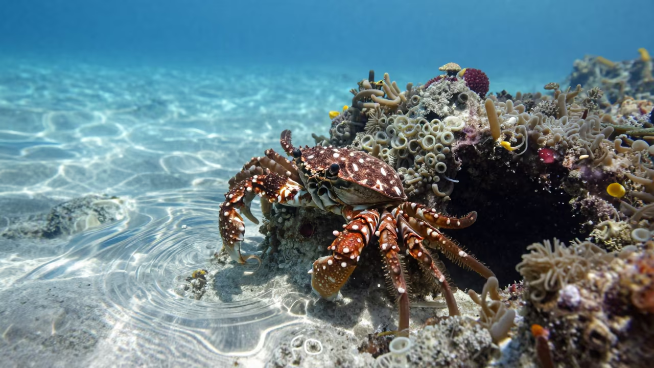 Decorator Crab in Cebu Reef Crevice in beside a reef crevice under clear water near Cebu