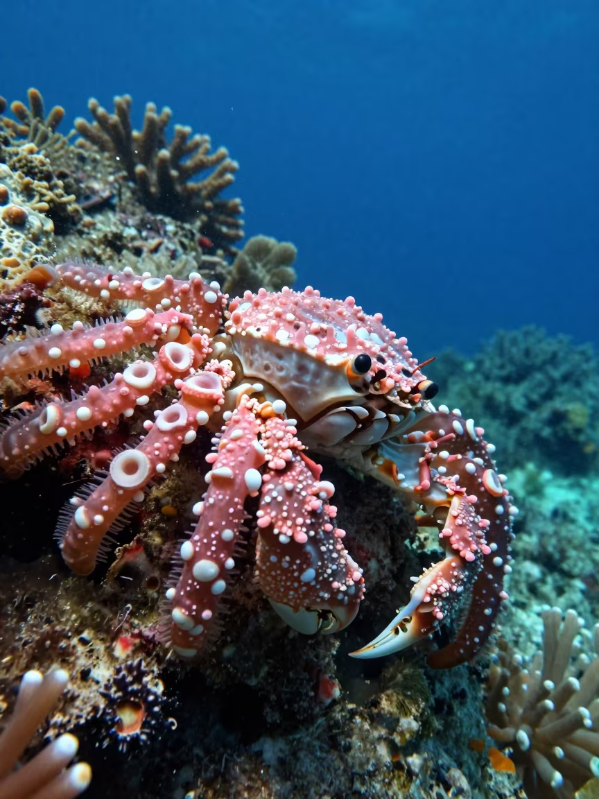 Decorator Crab Amidst Coral Wall Near Cebu in along a coral wall with blue water beyond near Cebu