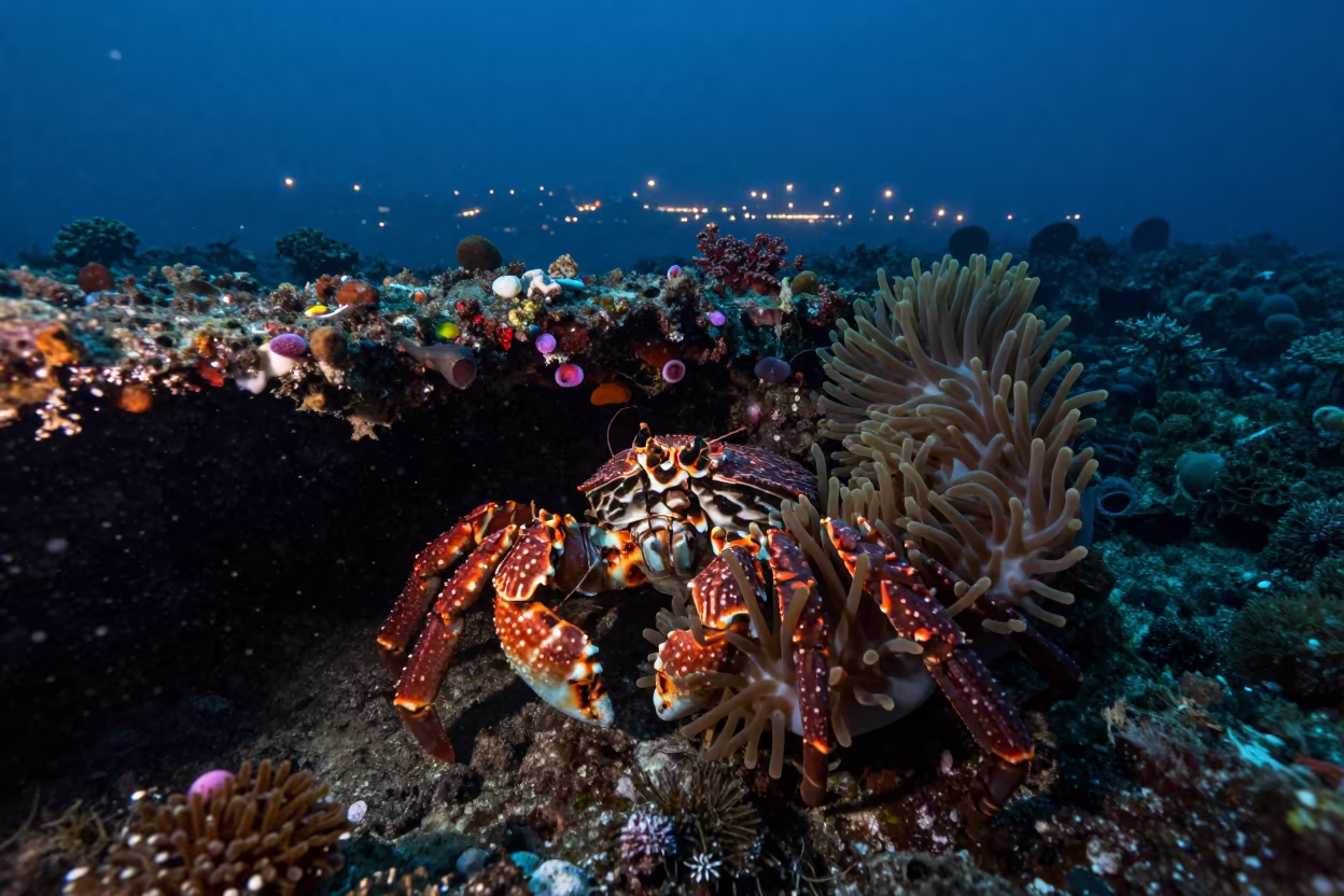Decorator Crab Amidst Reef Anemones at Twilight in beneath a reef ledge in tropical shallows near Denpasar