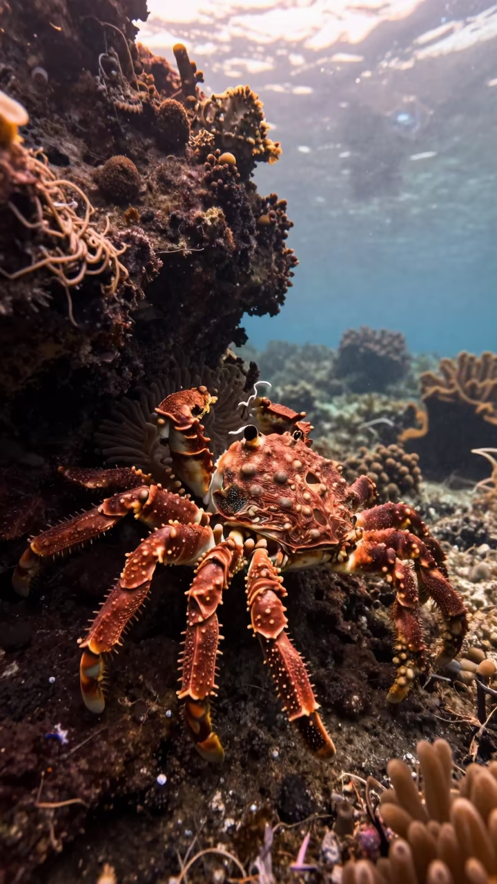Decorator Crab on Volcanic Reef Before Dusk in beside a volcanic reef overhang near Cairns