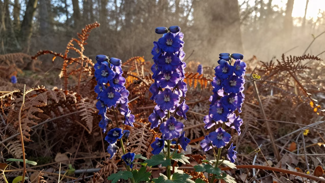 Deep Blue Delphiniums in French Winter Light in on a fern-lined forest floor in France