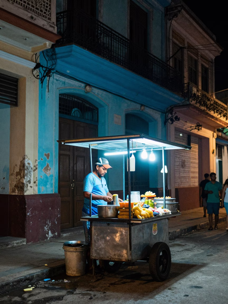 Deep In The Night Light on Food Stall in Havana in in Havana, Cuba
