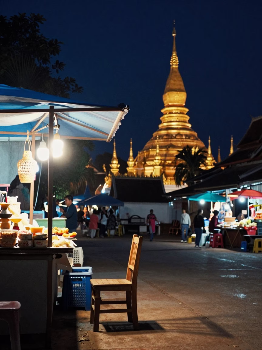 Deep In The Night Light on Market Stall in Luang Prabang in in Luang Prabang, Laos