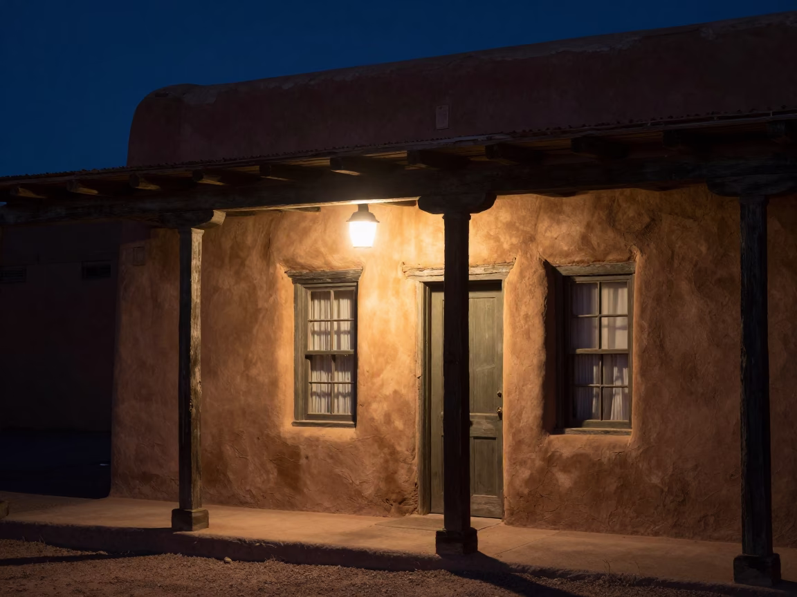 Deep In The Night Light on Porch Scene in Santa Fe in in Santa Fe, New Mexico, United States