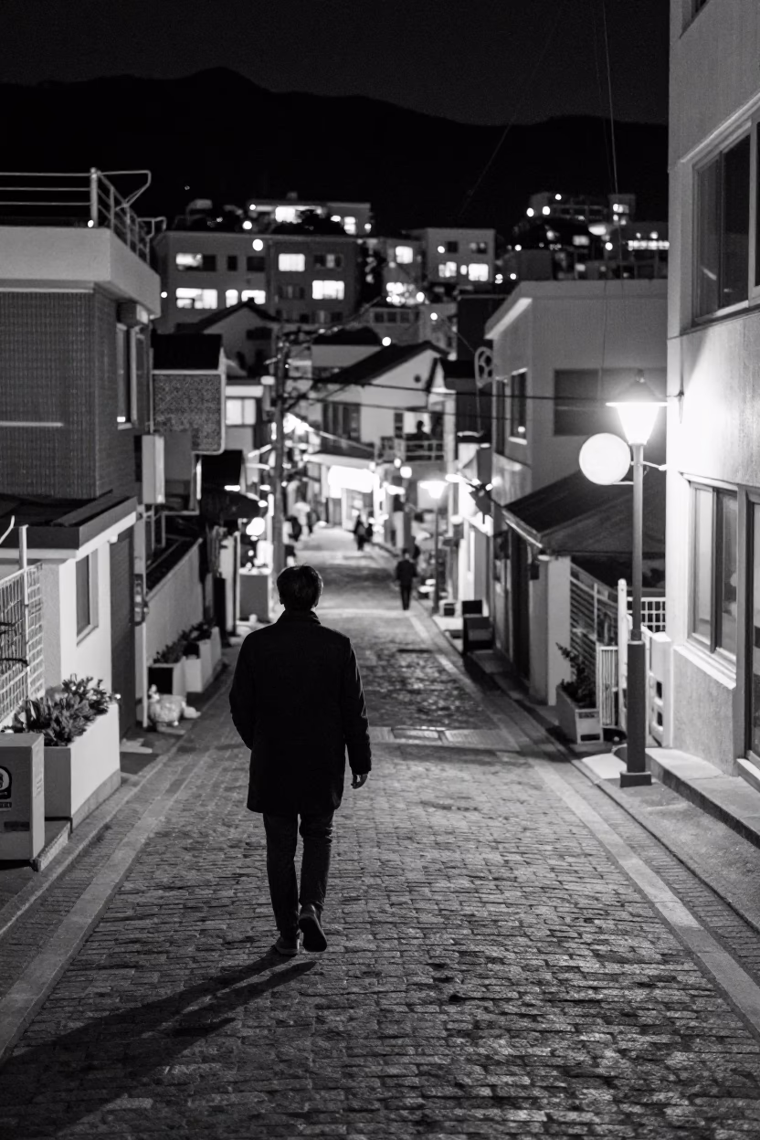 Deep In The Night Light on Seaside Street in Busan in in Busan, South Korea