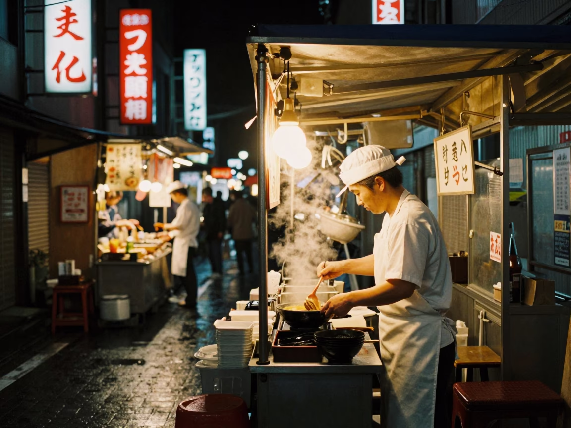 Deep In The Night Light on Serving Ramen in Fukuoka in in Fukuoka, Japan