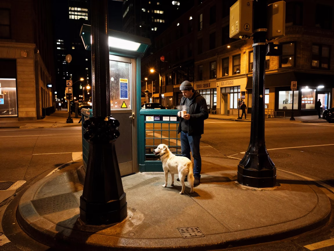 Deep In The Night Light on Street Corner in Chicago in in Chicago, Illinois, United States