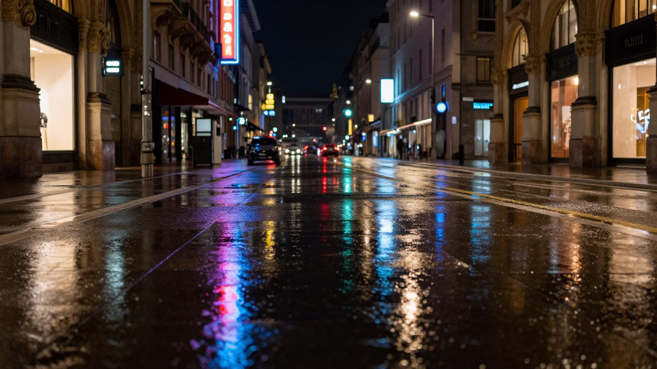 Deep In The Night Light on Street Reflections in Milan in in Milan, Italy