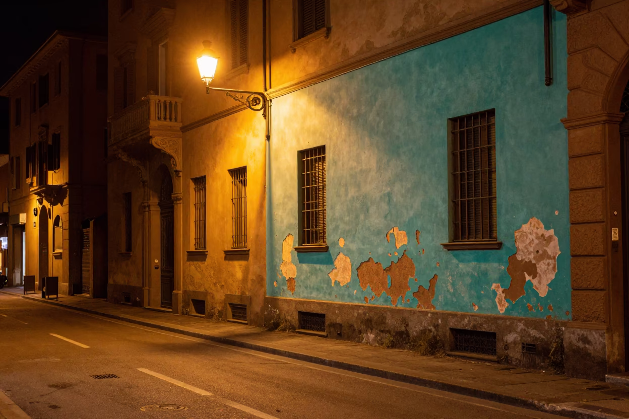 Deep In The Night Light on Street Scene in Bologna in in Bologna, Italy