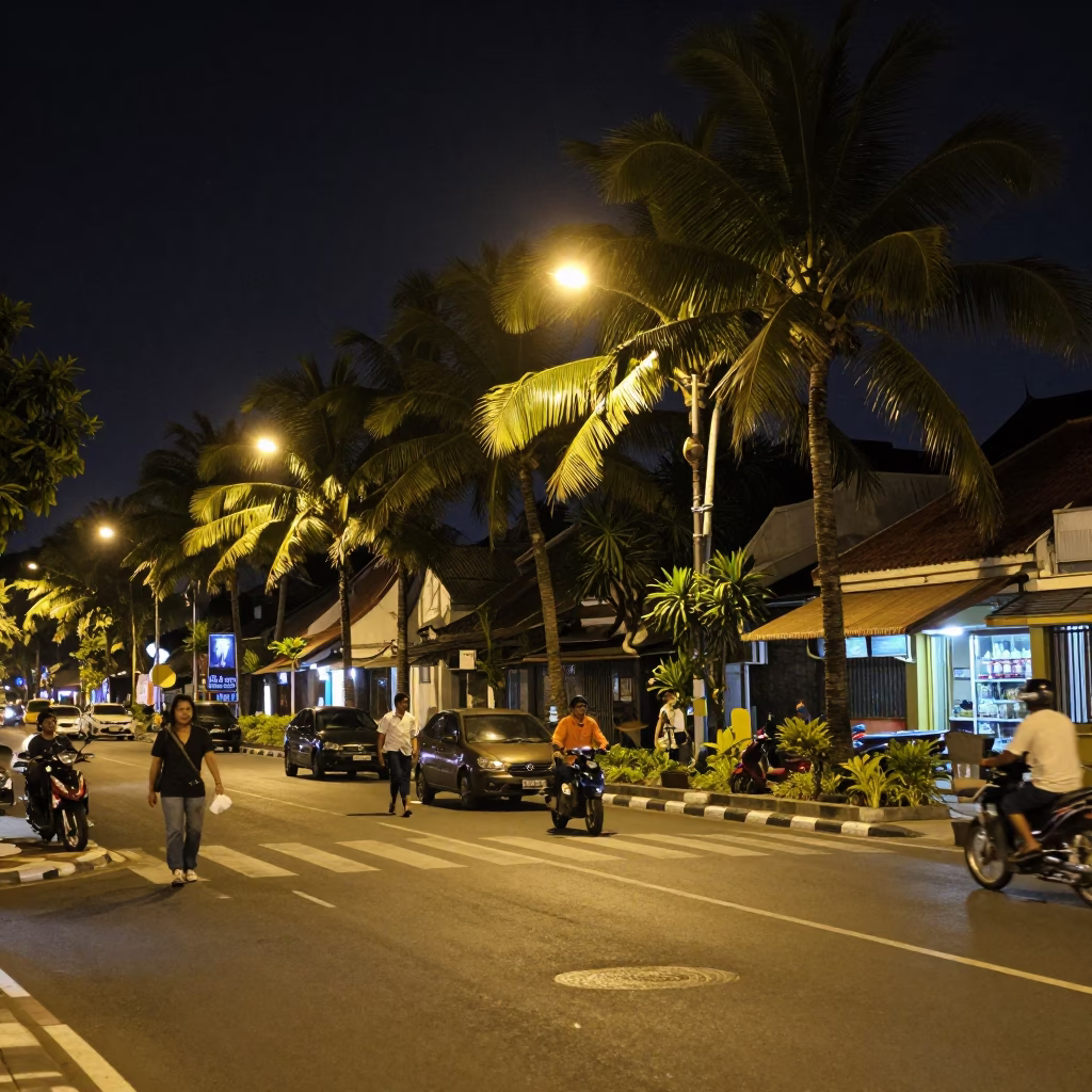 Deep In The Night Light on Street Scene in Denpasar in in Denpasar, Indonesia