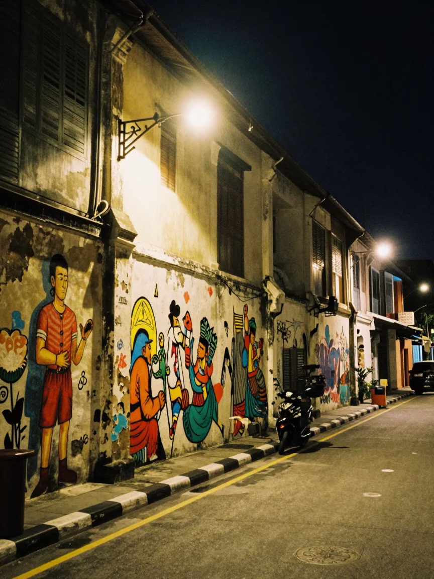 Deep In The Night Light on Street Scene in George Town in in George Town, Malaysia