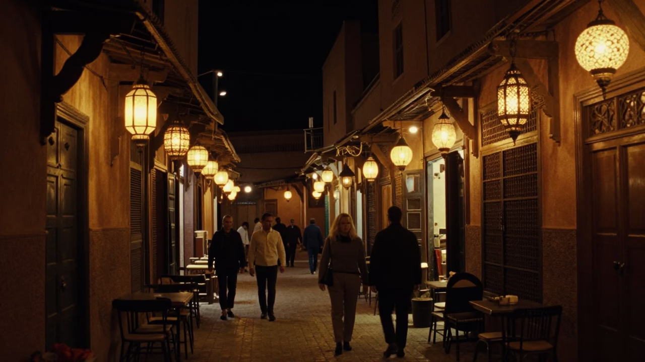 Deep In The Night Light on Street Scene in Marrakech in in Marrakech, Morocco