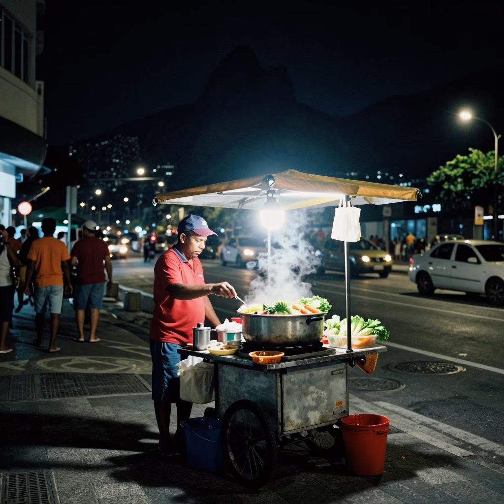 Deep In The Night Light on Street Vendor in Rio De Janeiro in in Rio de Janeiro, Brazil