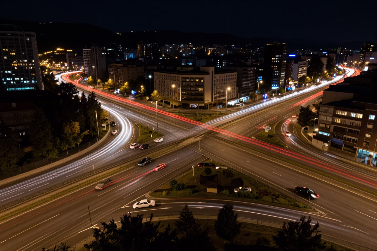 Deep In The Night Light on Urban Intersection in Bilbao in in Bilbao, Spain