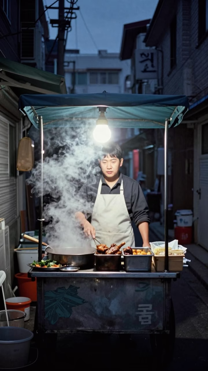 Deep In The Night Light on Vendor Cooking in Busan in in Busan, South Korea