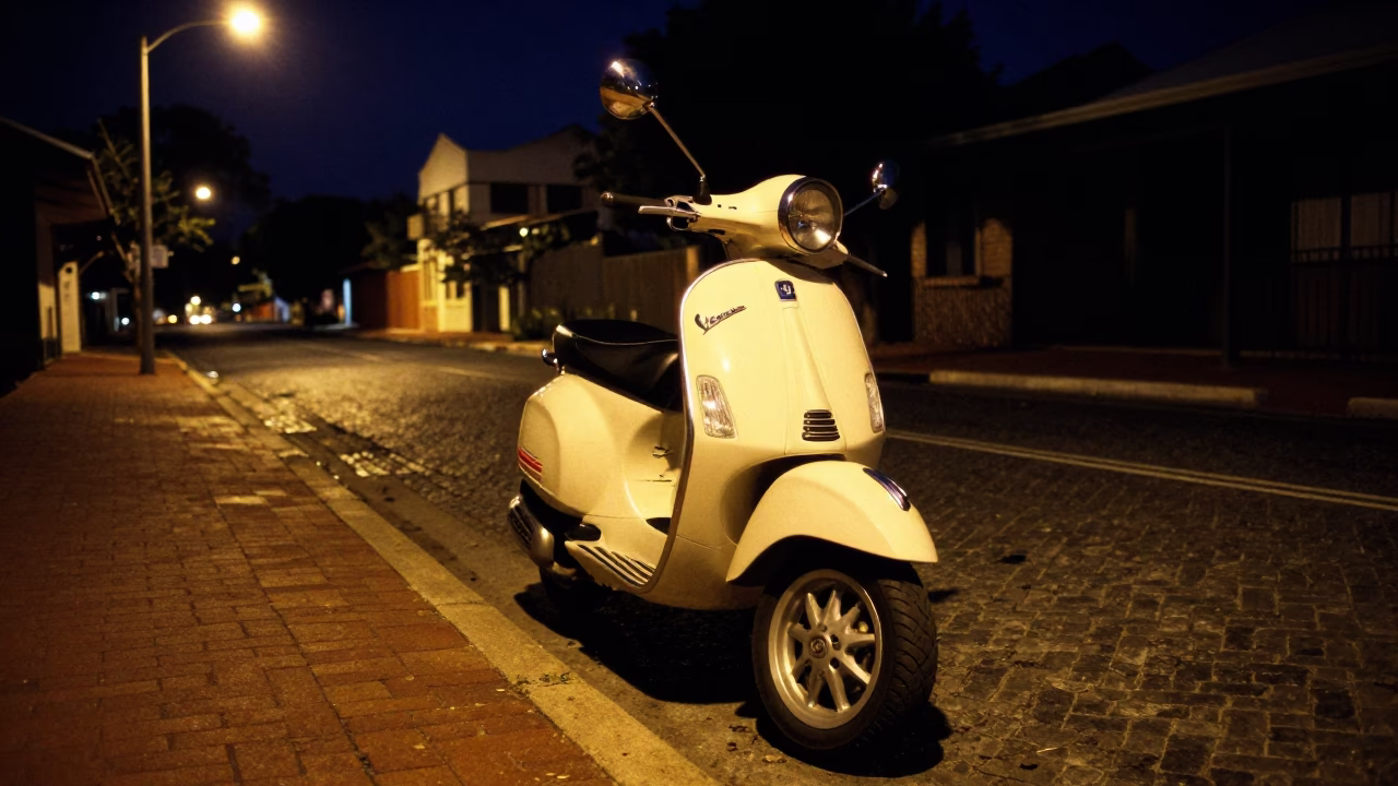 Deep In The Night Light on Vespa Parked in Perth in in Perth, Western Australia, Australia