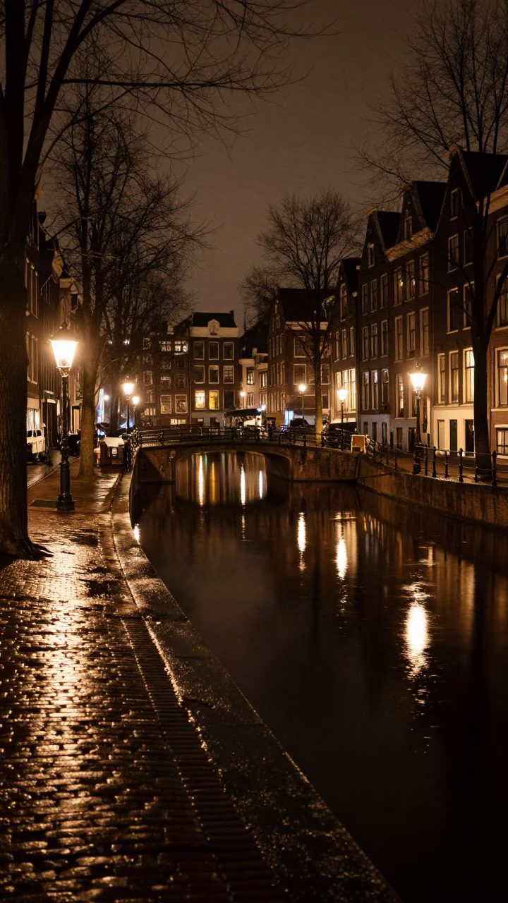 Deep Night Amsterdam Canal Reflections and Cobblestone Street Scene in in Amsterdam, Netherlands