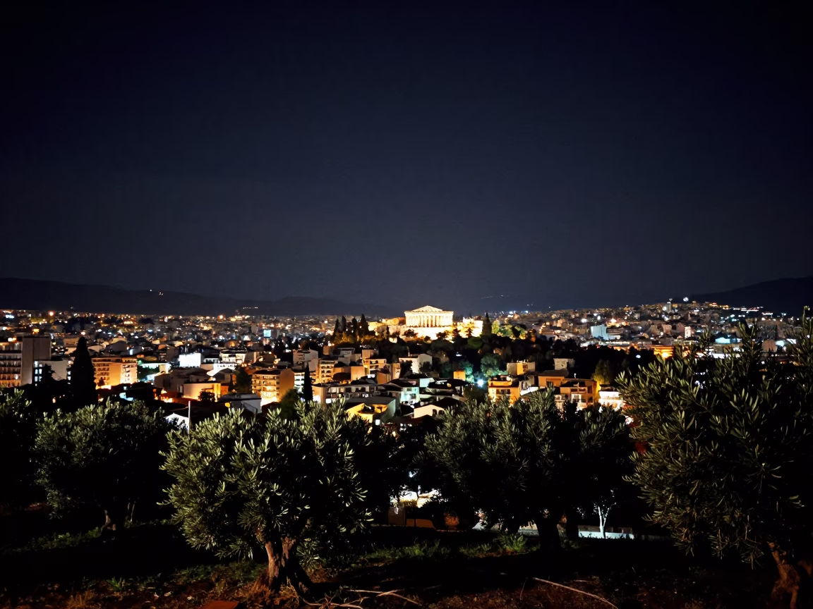 Deep Night Athens Skyline View with Olive Trees and Distant City Lights in in Athens, Greece