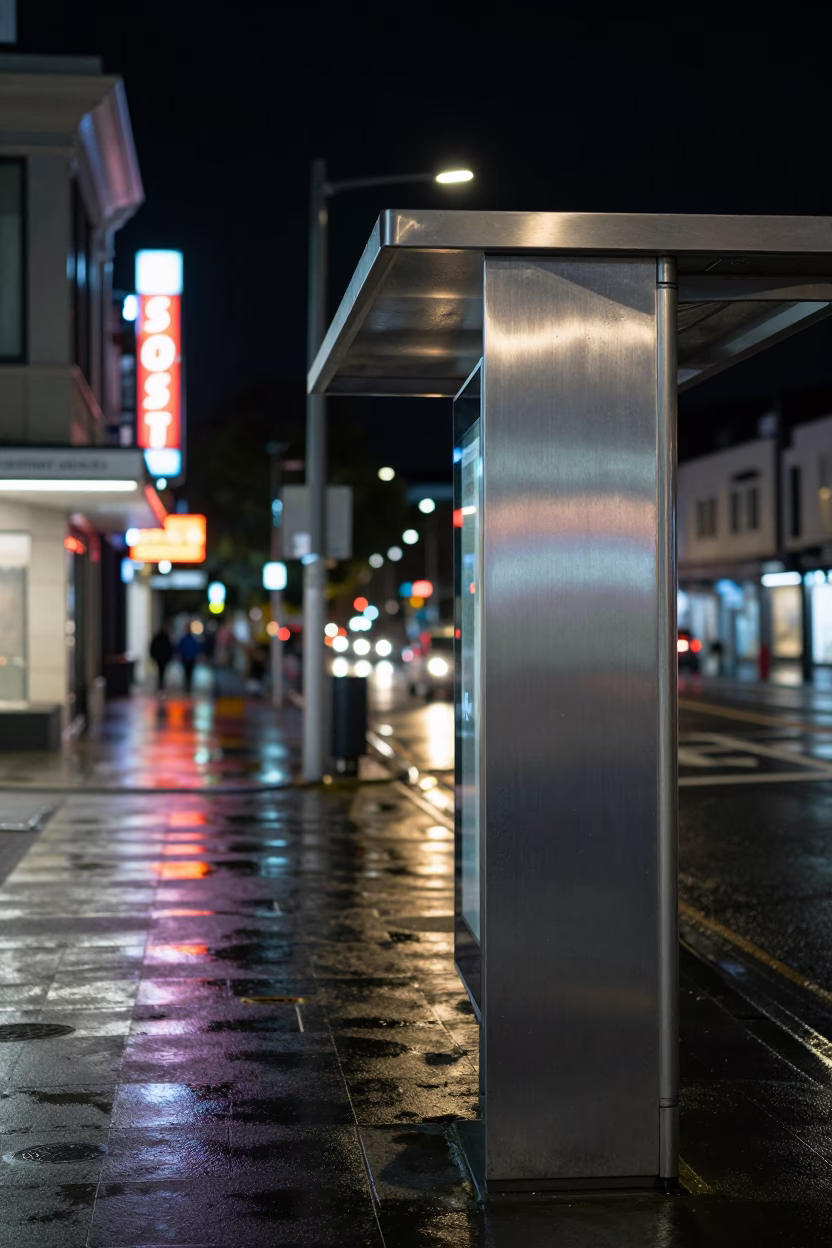 Deep Night Auckland Street Scene with Brushed Steel and Urban Reflections in in Auckland, New Zealand