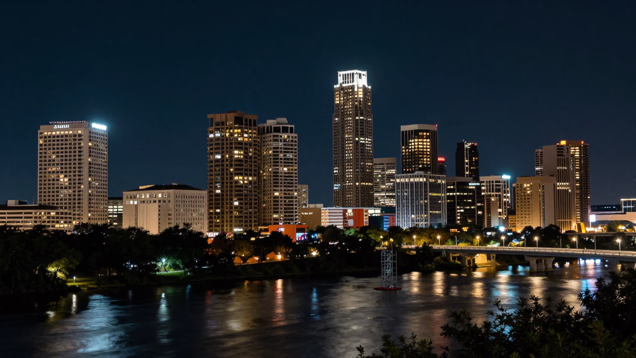 Deep Night Austin Texas Cityscape View of Bridge Maintenance Cage and Urban Horizon in in Austin, Texas, United States