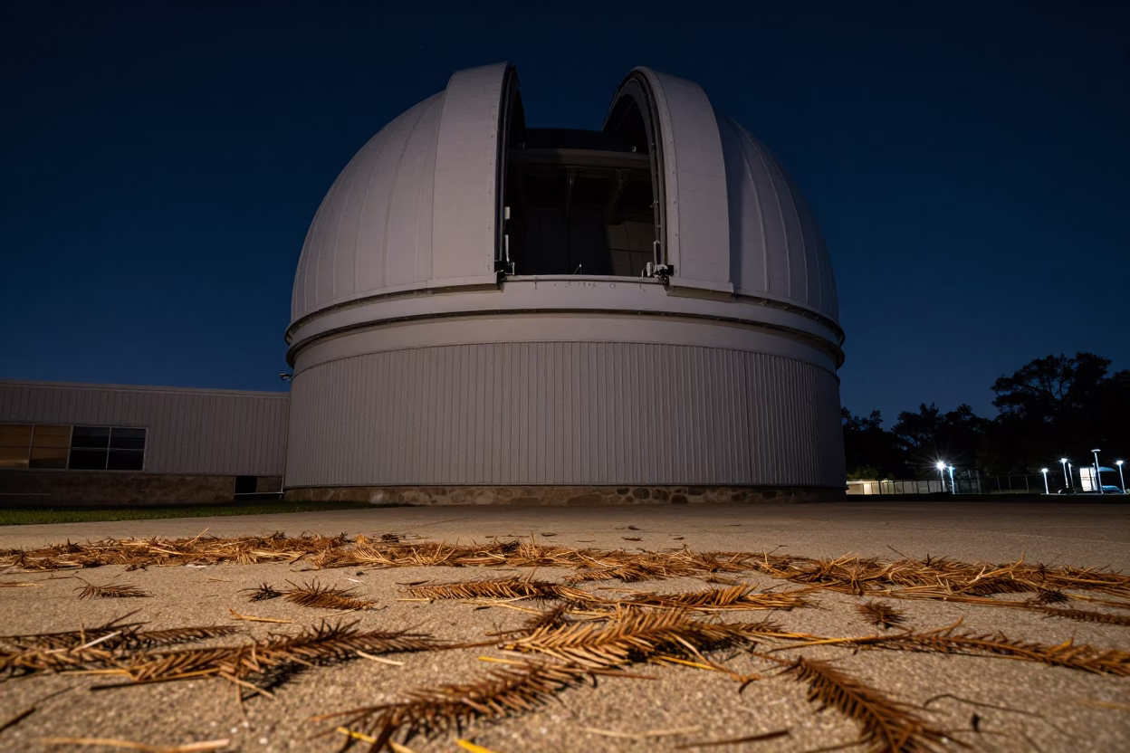 Deep Night Austin Texas Observatory Dome Scattered Cedar Needles and Campus Fountain Maintenance in in Austin, Texas, United States