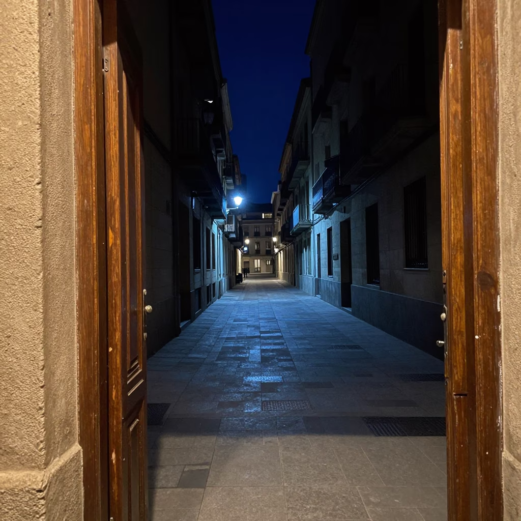 Deep Night Barcelona Street Scene with Dusty Doorframe and Realistic Urban Atmosphere in in Barcelona, Spain