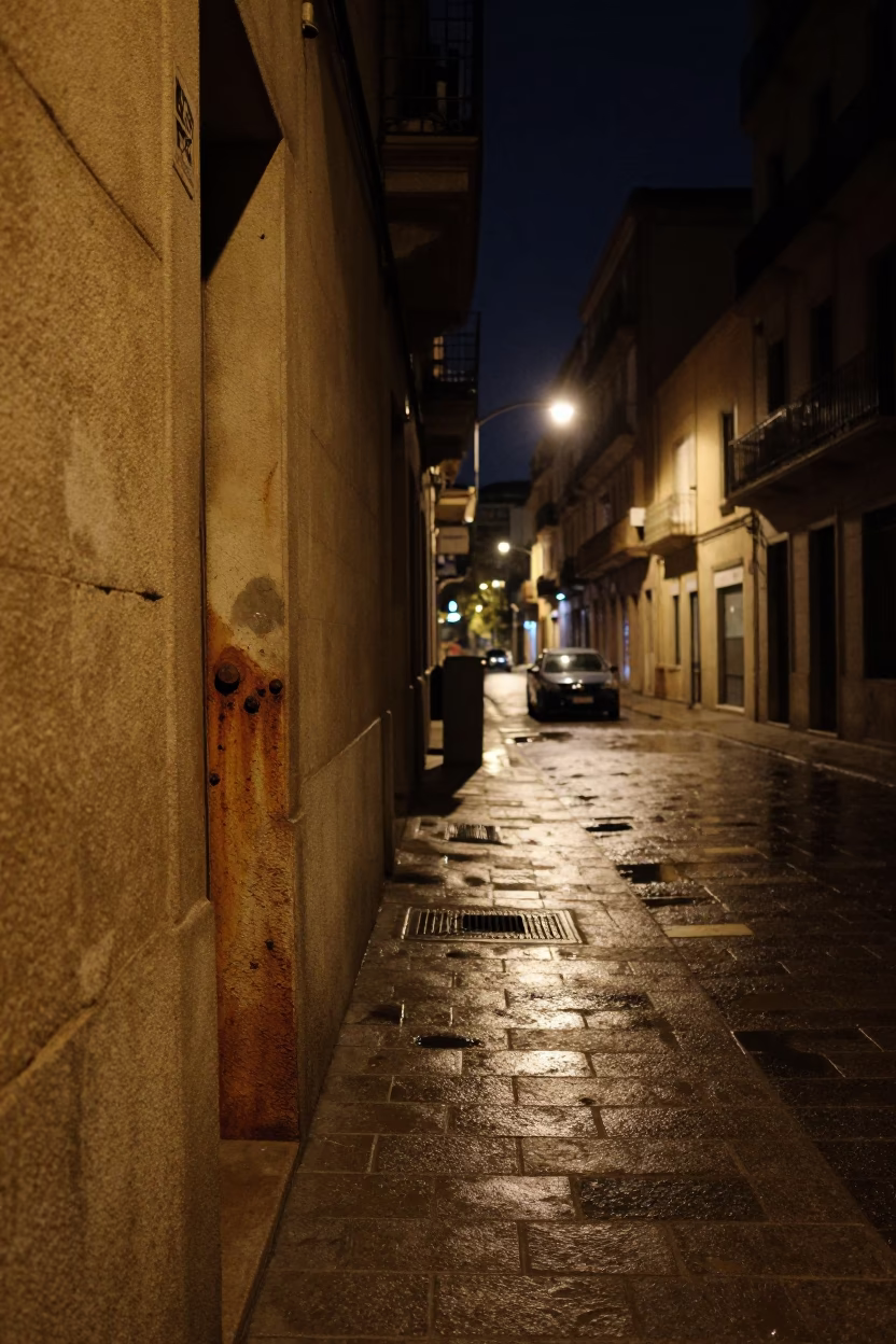 Deep Night Barcelona Street Scene with Rust on Sill Edge and Wet Flagstones in in Barcelona, Spain