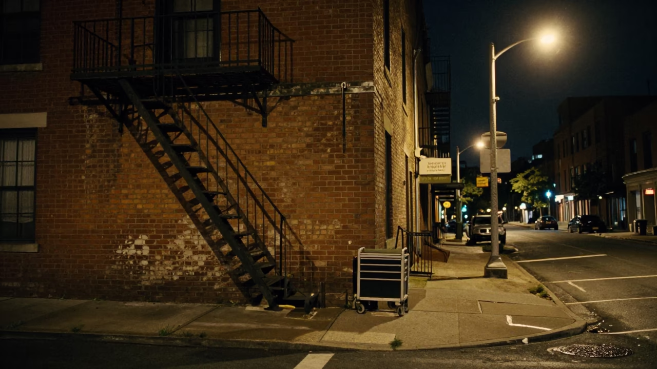 Deep Night Boston Street Scene with Tool Caddy and Urban Elements in in Boston, Massachusetts, United States