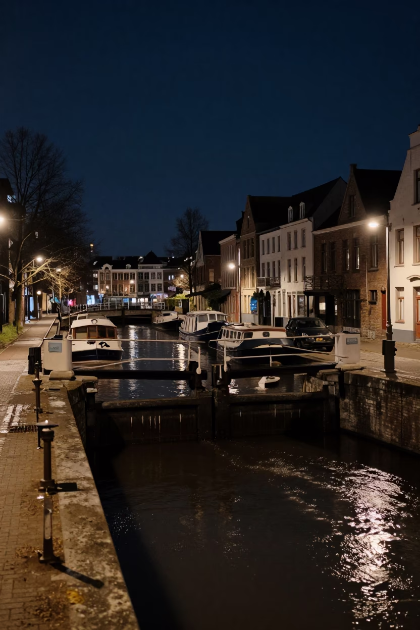 Deep Night Brussels Street Scene with Canal Drip and Water Taxi Reflections in in Brussels, Belgium