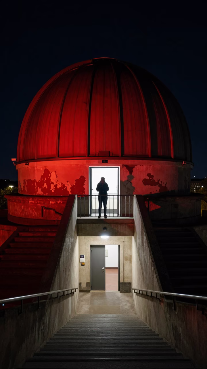 Deep Night Budapest Observatory Stairwell Red Light and Dome Silhouette in in Budapest, Hungary