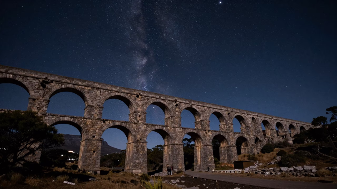 Deep Night Cape Town Sky Over Crumbling Stone Aqueduct and Dry River Valley Landscape in in Cape Town, South Africa