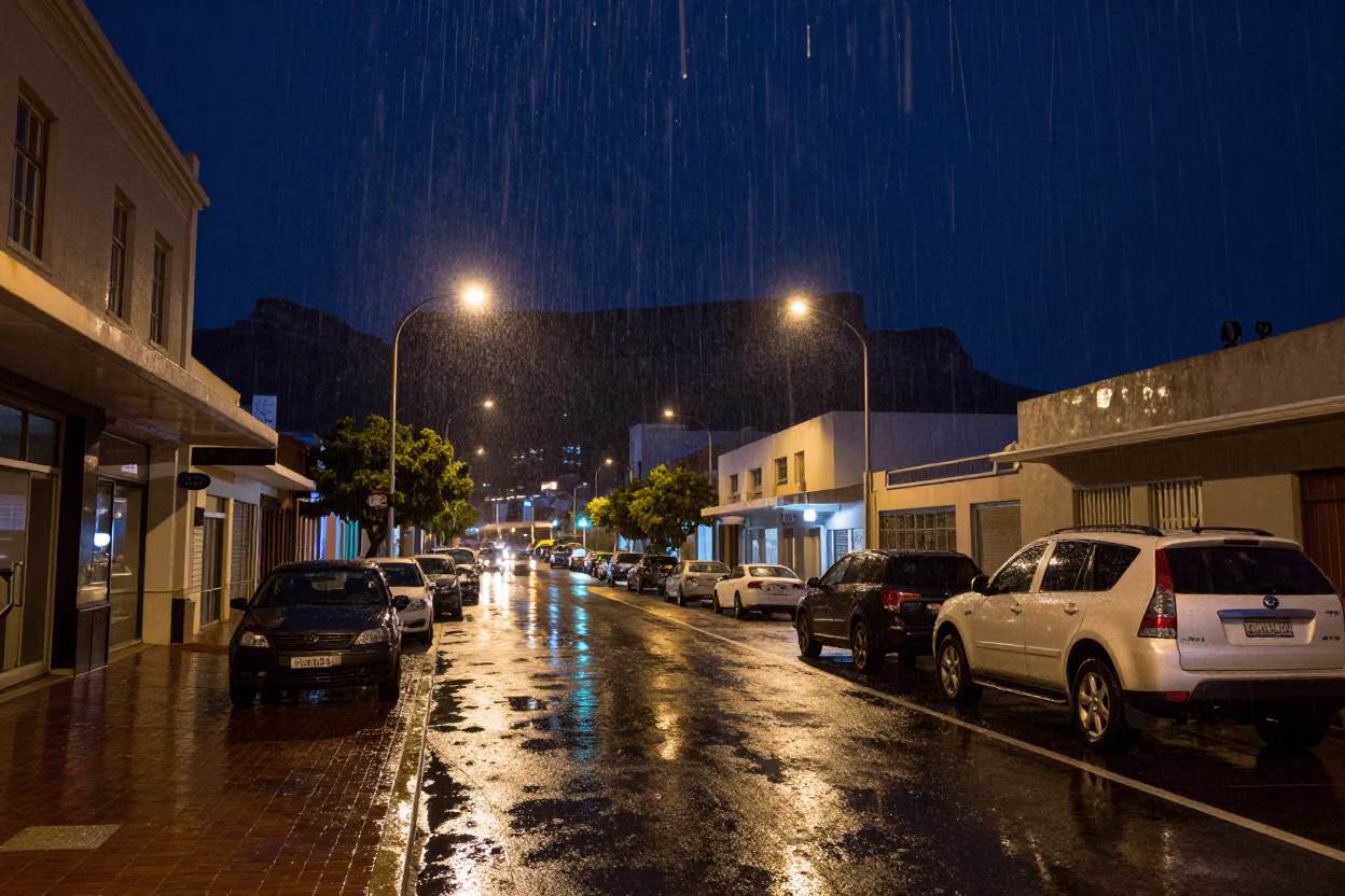 Deep Night Cape Town Street Scene with Water Droplets and Orange Cat in in Cape Town, South Africa