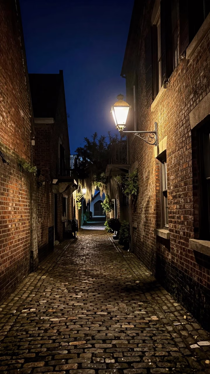 Deep Night Charleston Alley Lantern Light and Historic Brick Architecture in in Charleston, South Carolina, United States