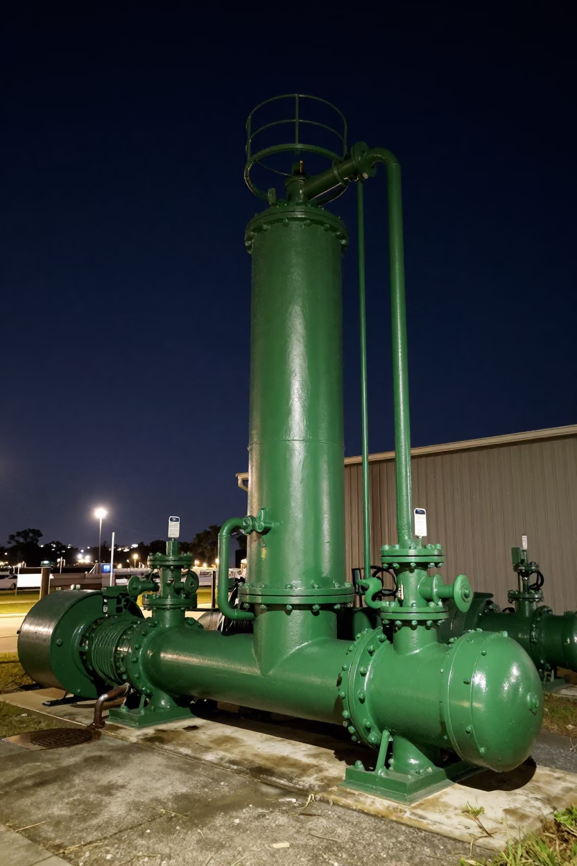 Deep Night Charleston Harbor Sewage Pumping Station Green Pumps Dark Water in in Charleston, South Carolina, United States