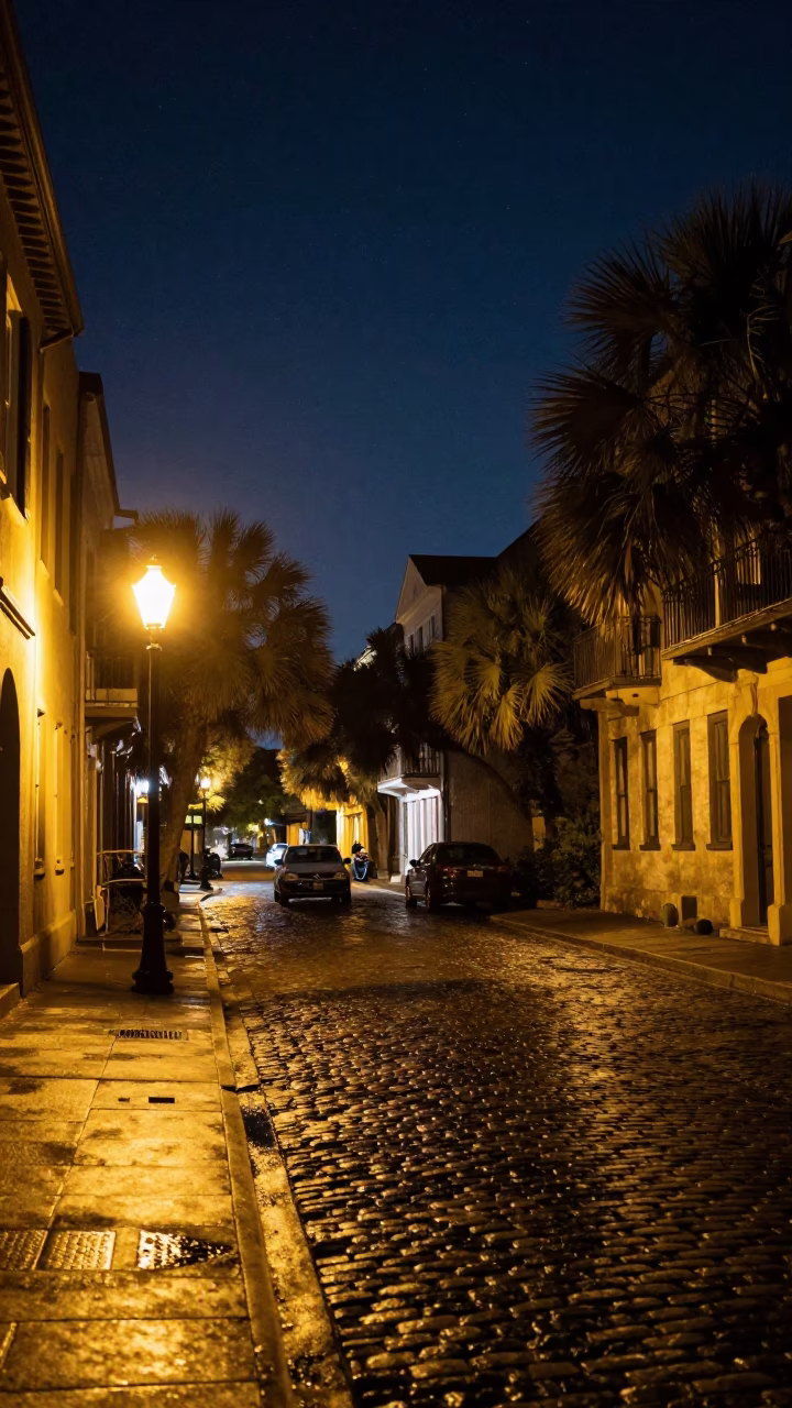 Deep Night Charleston South Carolina Historic District Street Scene Under Starry Sky in in Charleston, South Carolina, United States