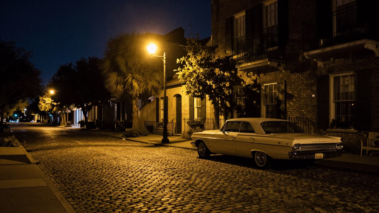 Deep Night Charleston South Carolina Street Scene with Vintage Car and Cobblestone in in Charleston, South Carolina, United States