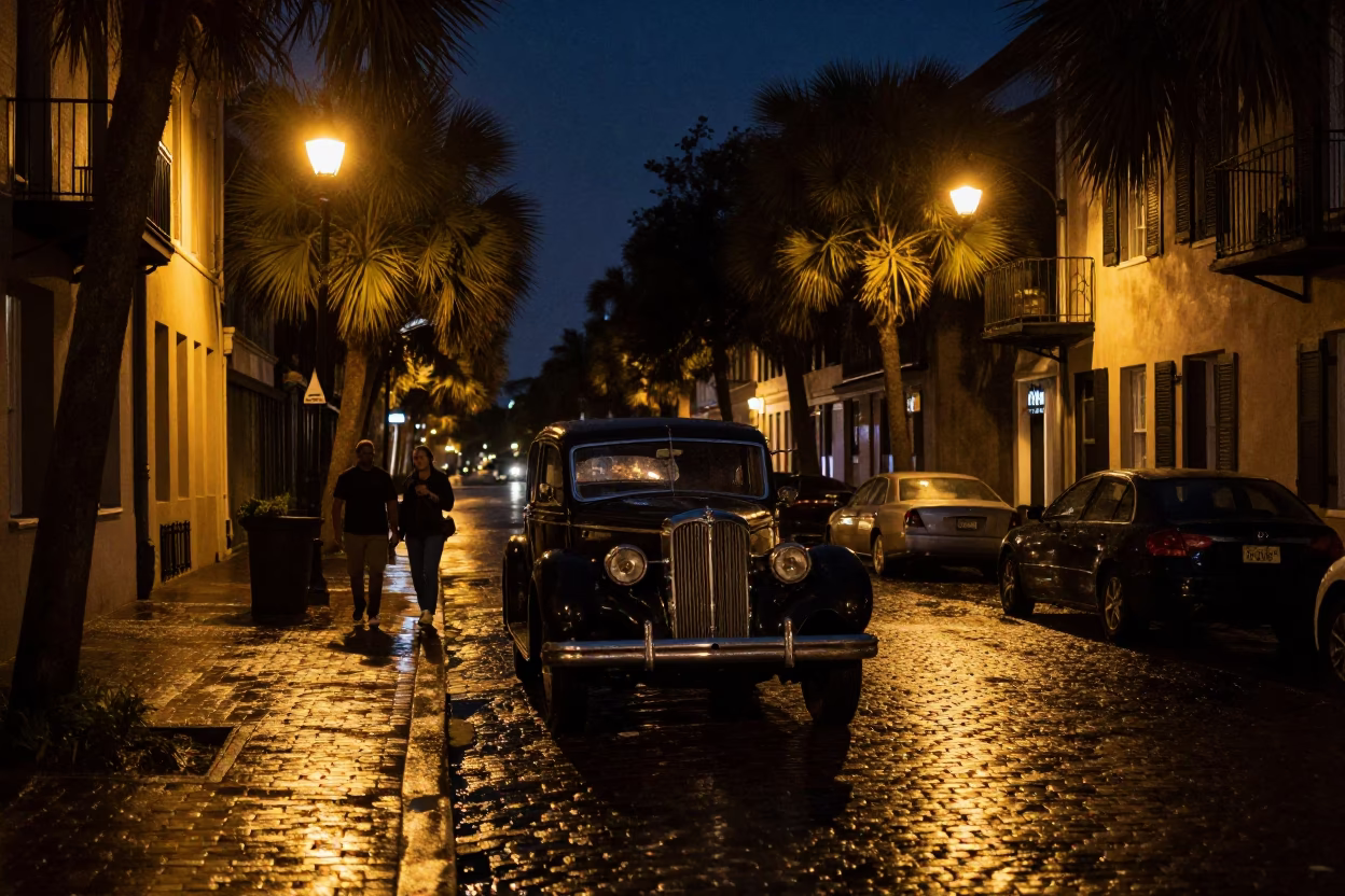 Deep Night Charleston Street Scene with Vintage Automobile and Brick Alleyway in in Charleston, South Carolina, United States