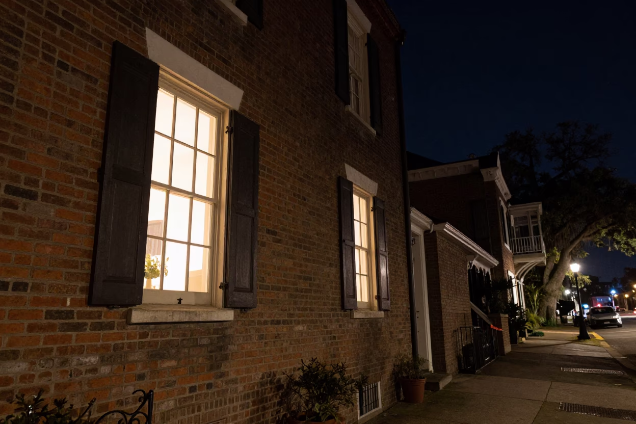 Deep Night Charleston Street Scene with Window Light on Doorframe and Bridge Maintenance Cage in in Charleston, South Carolina, United States