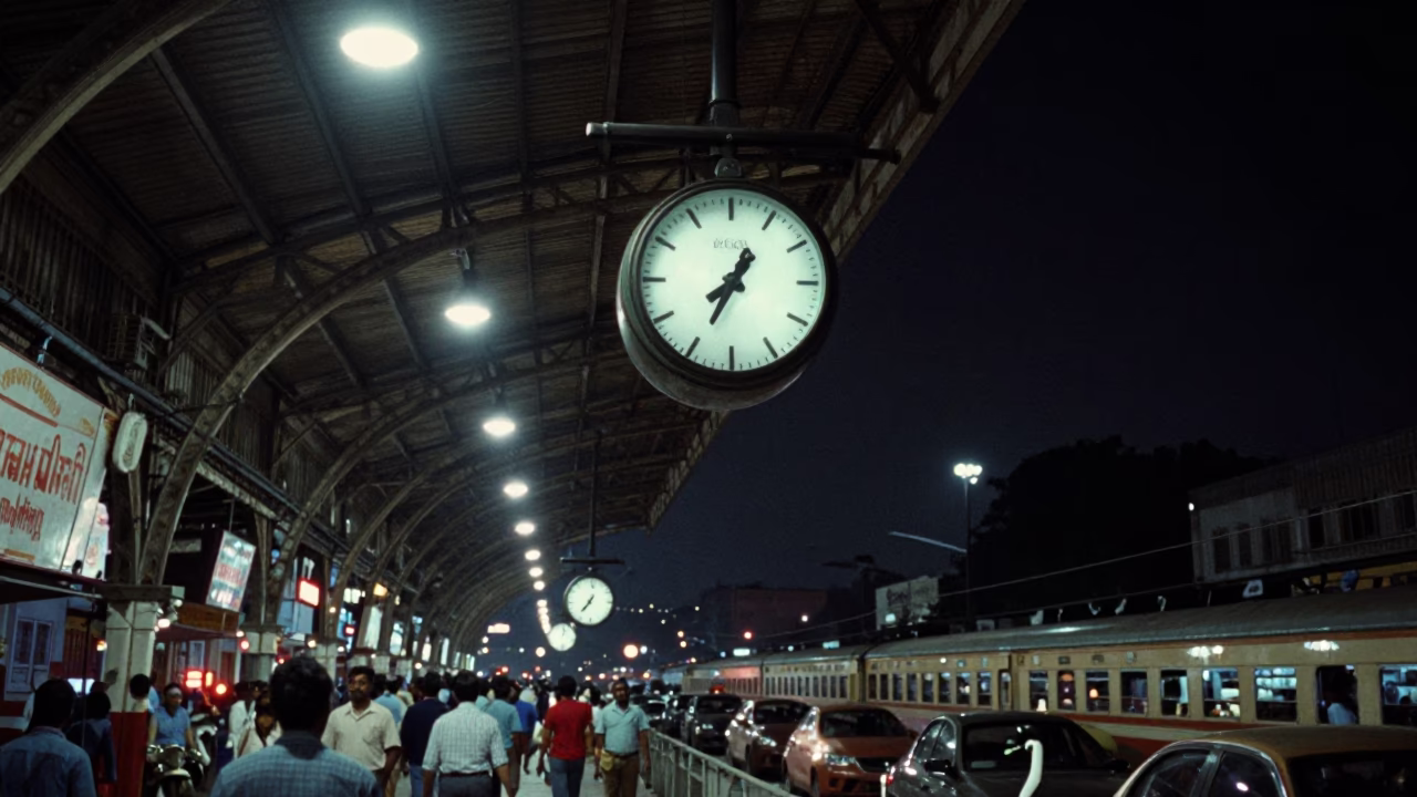 Deep Night Chennai Street Scene with Vintage Clock and Local Life in in Chennai, India
