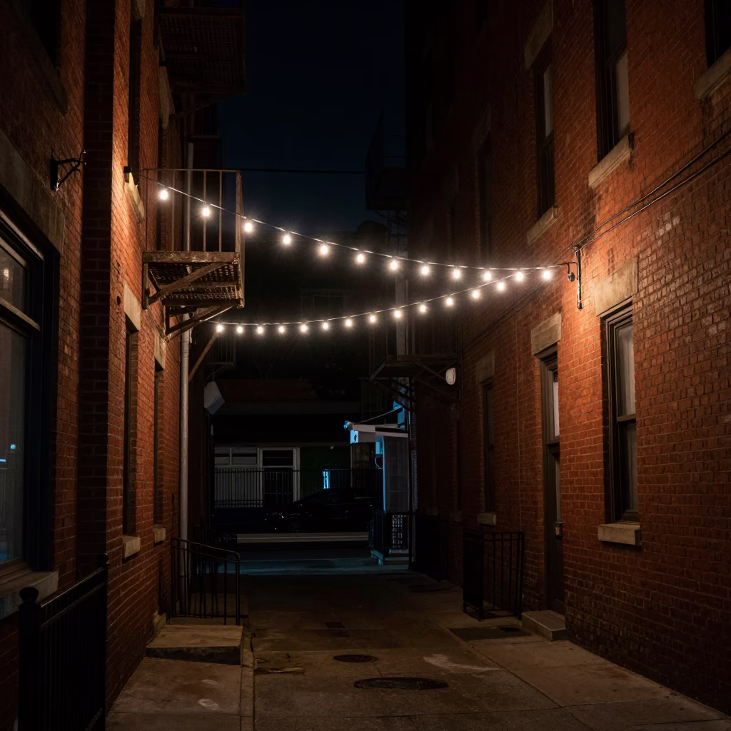 Deep Night Chicago Street Corner with String Lights and Rusty Hardware Details in in Chicago, Illinois, United States