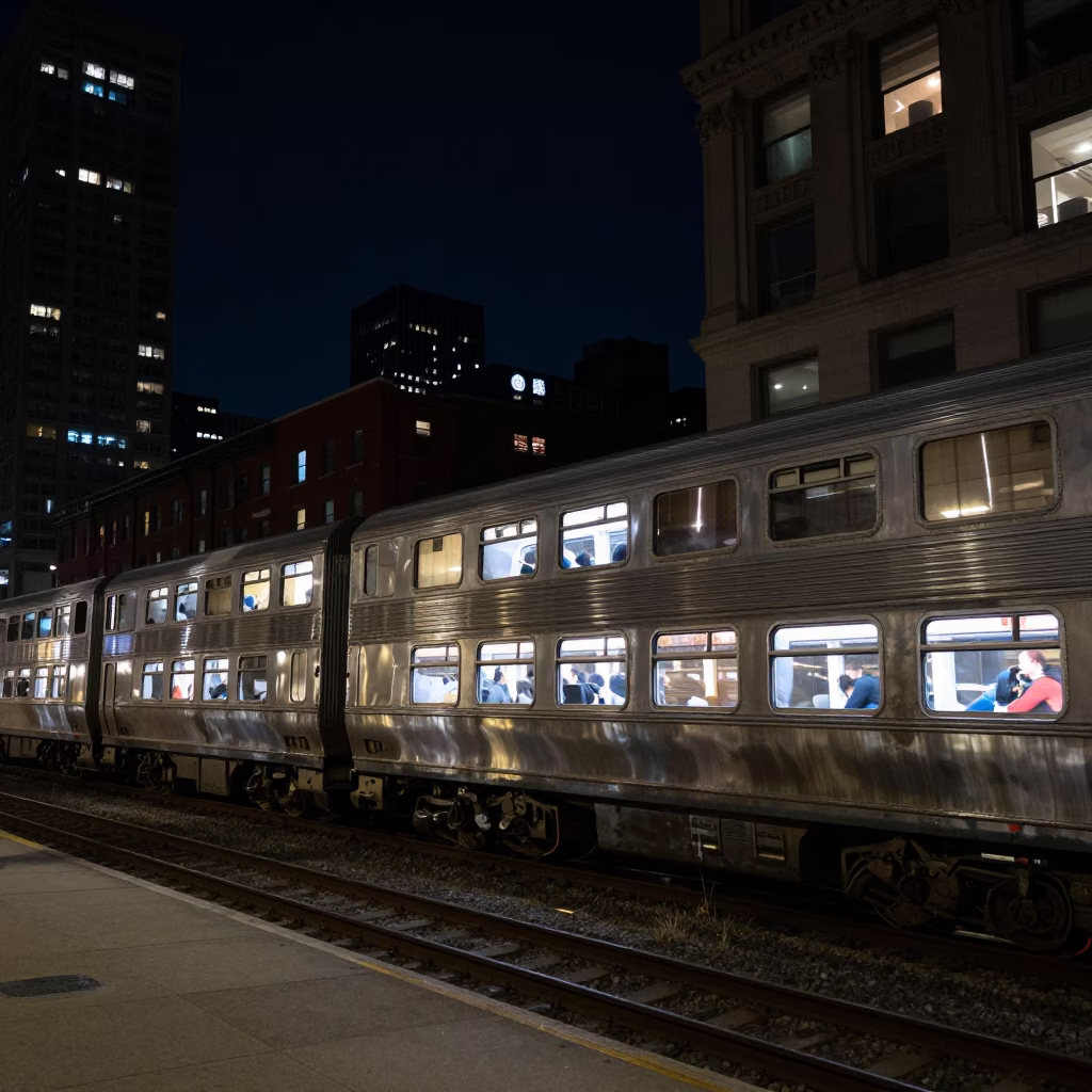 Deep Night Chicago Street Scene with Sleeper Train Windows Crossing Dark Bridge in in Chicago, Illinois, United States