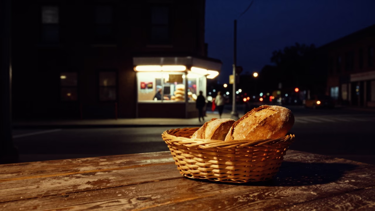 Deep Night Chicago Street Scene with Woven Bread Basket and Urban Architecture in in Chicago, Illinois, United States
