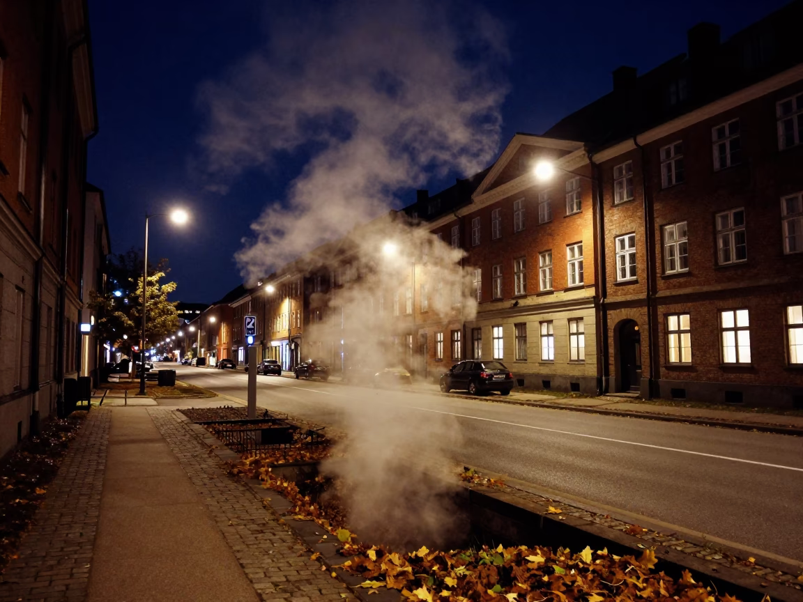 Deep Night Copenhagen Street Scene with Steam Rising from District Heating Pipes in in Copenhagen, Denmark