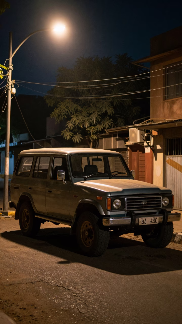 Deep Night Delhi Street Scene with Vintage SUV and Water Bottle in in Delhi, India