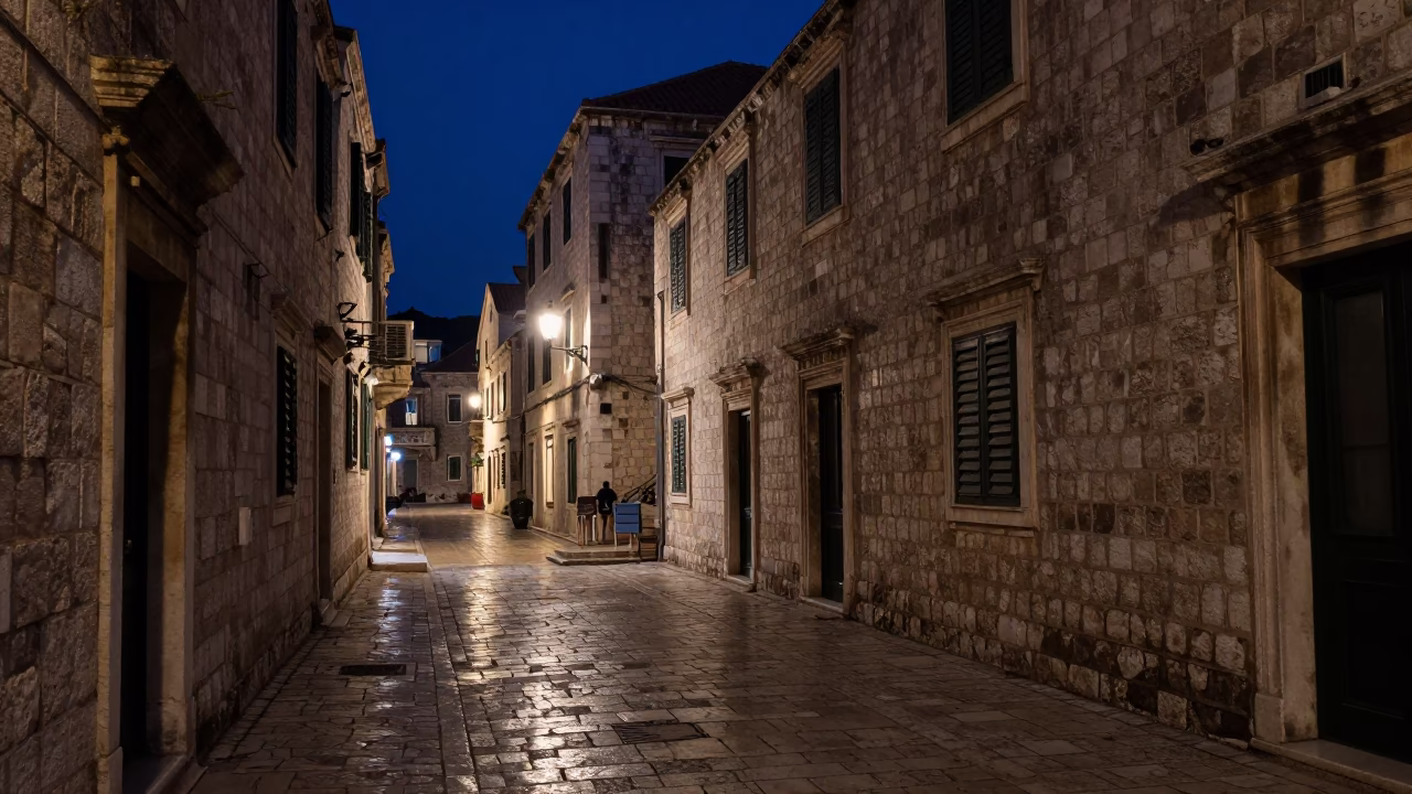 Deep Night Dubrovnik Old Town Stone Streets and Dimly Lit Arched Doorways in in Dubrovnik, Croatia