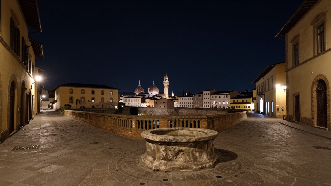 Deep Night Florence Street Scene with Stone Basin and Garden Shears Under Starry Sky in in Florence, Italy